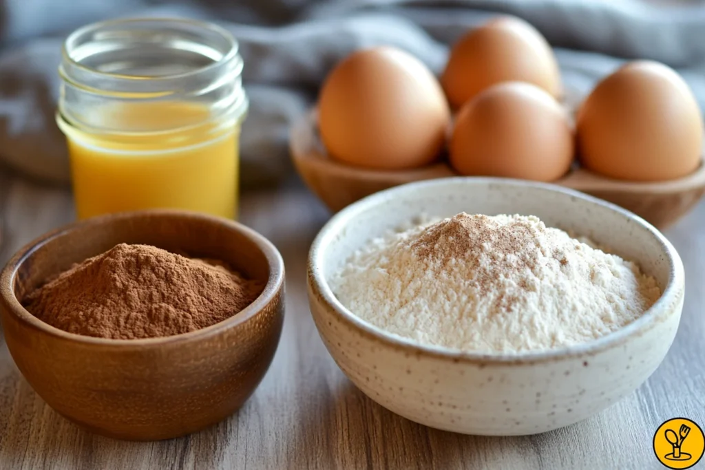 A close-up image of the main ingredients for making cinnamon swirl pancakes.