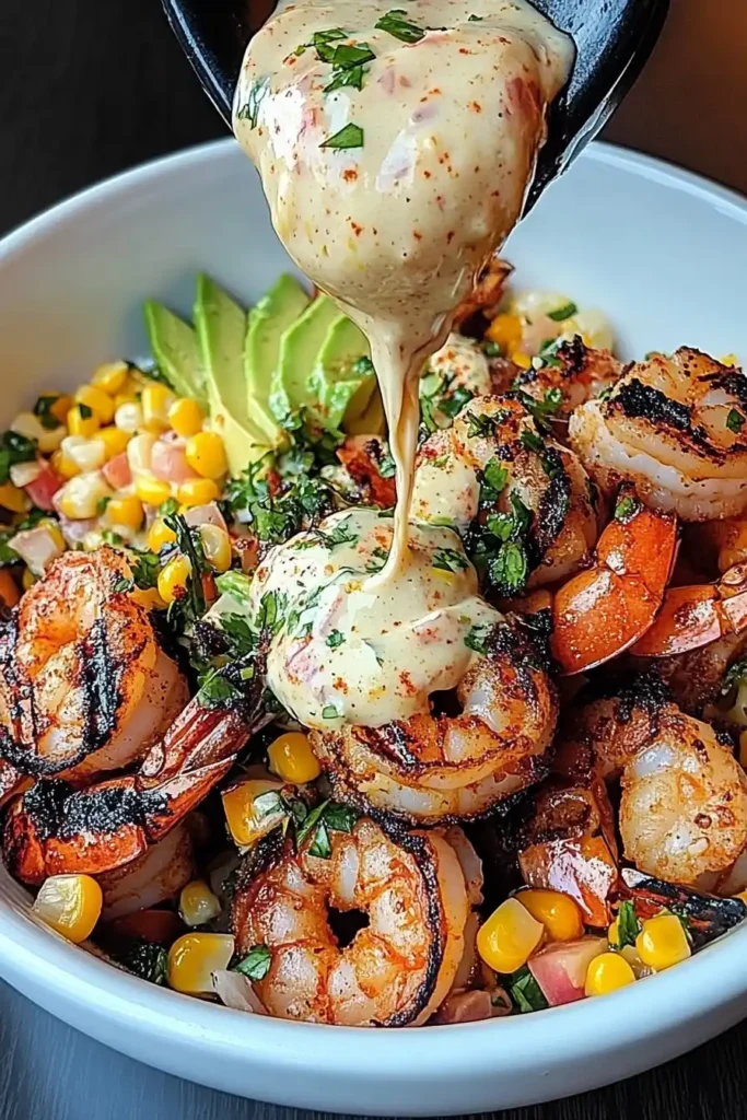 Grilled Shrimp Bowl with Avocado, Corn Salsa & Creamy Garlic Sauce