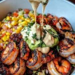 Grilled Shrimp Bowl with Avocado, Corn Salsa & Creamy Garlic Sauce