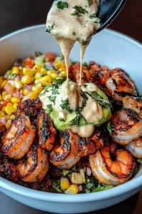Grilled Shrimp Bowl with Avocado, Corn Salsa & Creamy Garlic Sauce