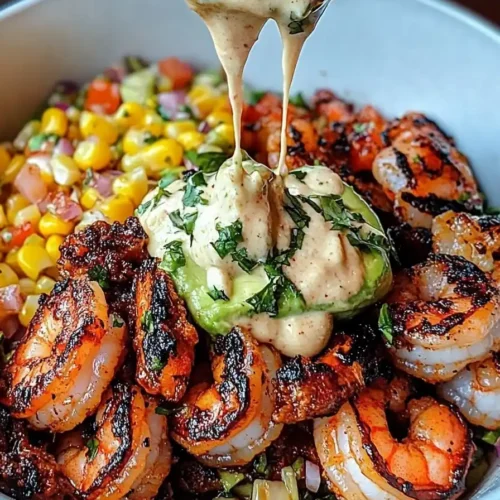 Grilled Shrimp Bowl with Avocado, Corn Salsa & Creamy Garlic Sauce