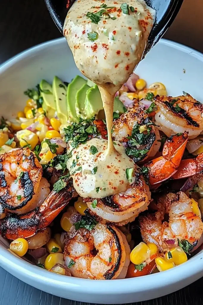 Grilled Shrimp Bowl with Avocado, Corn Salsa & Creamy Garlic Sauce