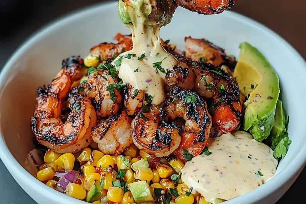 Grilled Shrimp Bowl with Avocado, Corn Salsa & Creamy Garlic Sauce