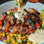 Grilled Shrimp Bowl with Avocado, Corn Salsa & Creamy Garlic Sauce