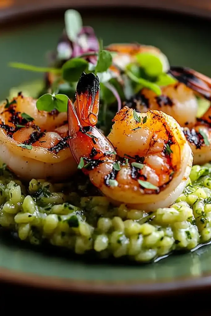 Grilled Shrimp with Green Herb Purée Risotto