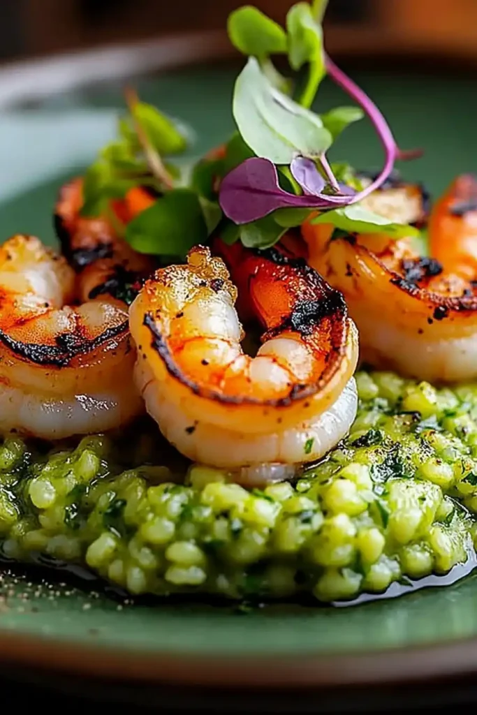 Grilled Shrimp with Green Herb Purée Risotto