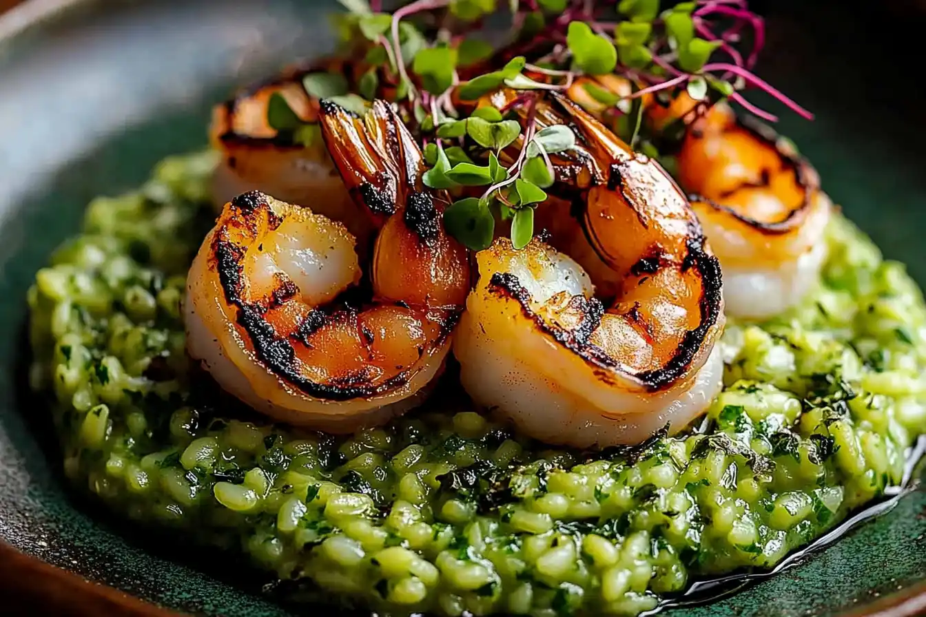 Grilled Shrimp with Green Herb Purée Risotto