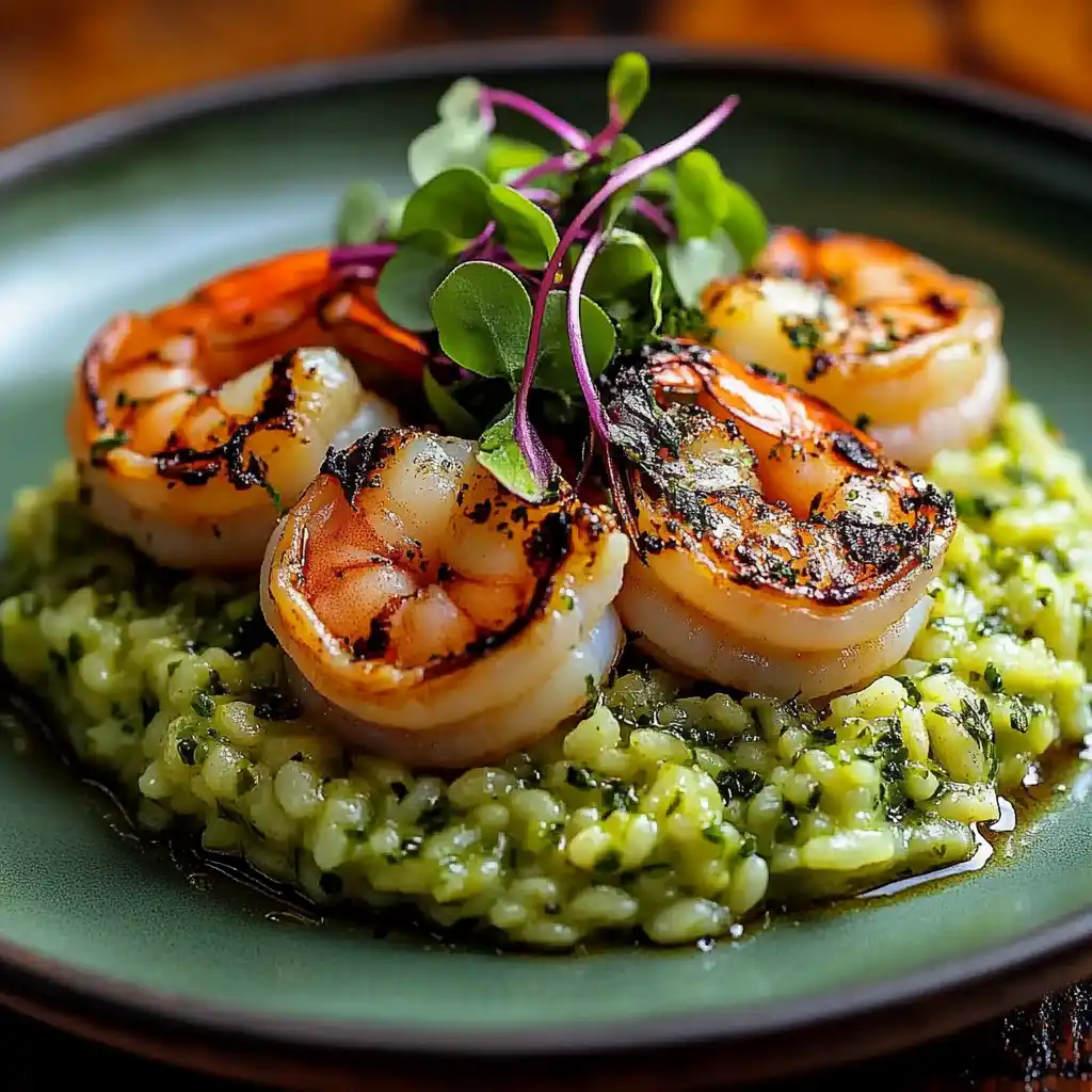 Grilled Shrimp with Green Herb Purée Risotto