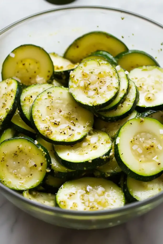 In a bowl, toss the zucchini slices with olive oil, garlic powder, Italian seasoning, salt, and pepper.