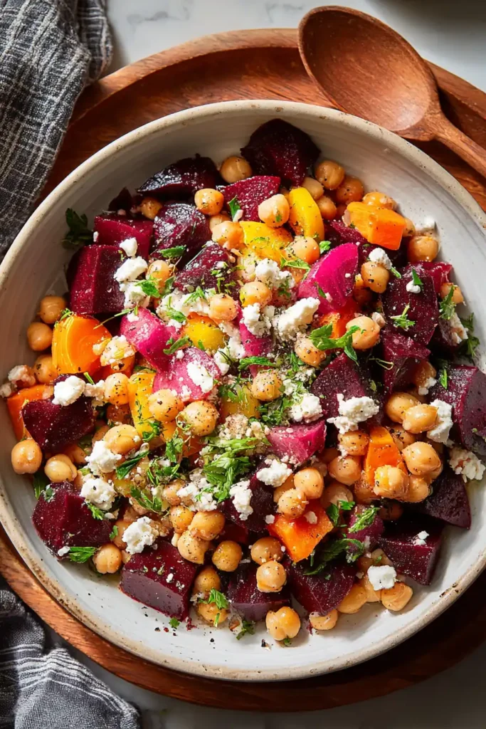Chickpea Beet and Feta Salad with Lemon Garlic Vinaigrette