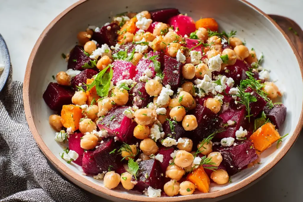 Chickpea Beet and Feta Salad with Lemon Garlic Vinaigrette