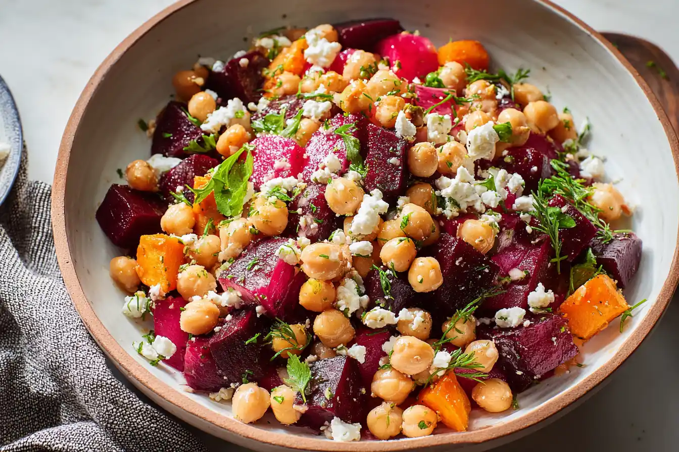 Chickpea Beet and Feta Salad with Lemon Garlic Vinaigrette