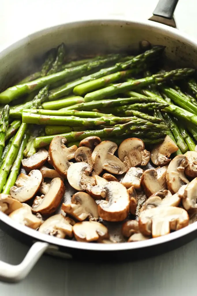 Cook mushrooms and asparagus