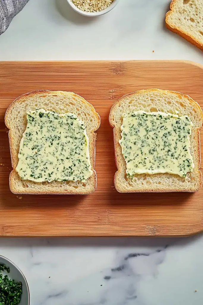 Spread the garlic butter mixture on all four bread slices, covering completely from edge to edge
