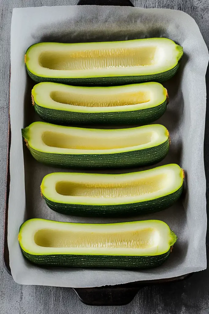 scrape/hollow out the seedy part of each zucchini half