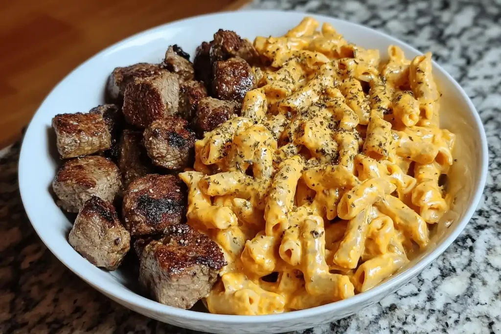Cajun Steak Tips in Cheesy Penne Parmesan Sauce