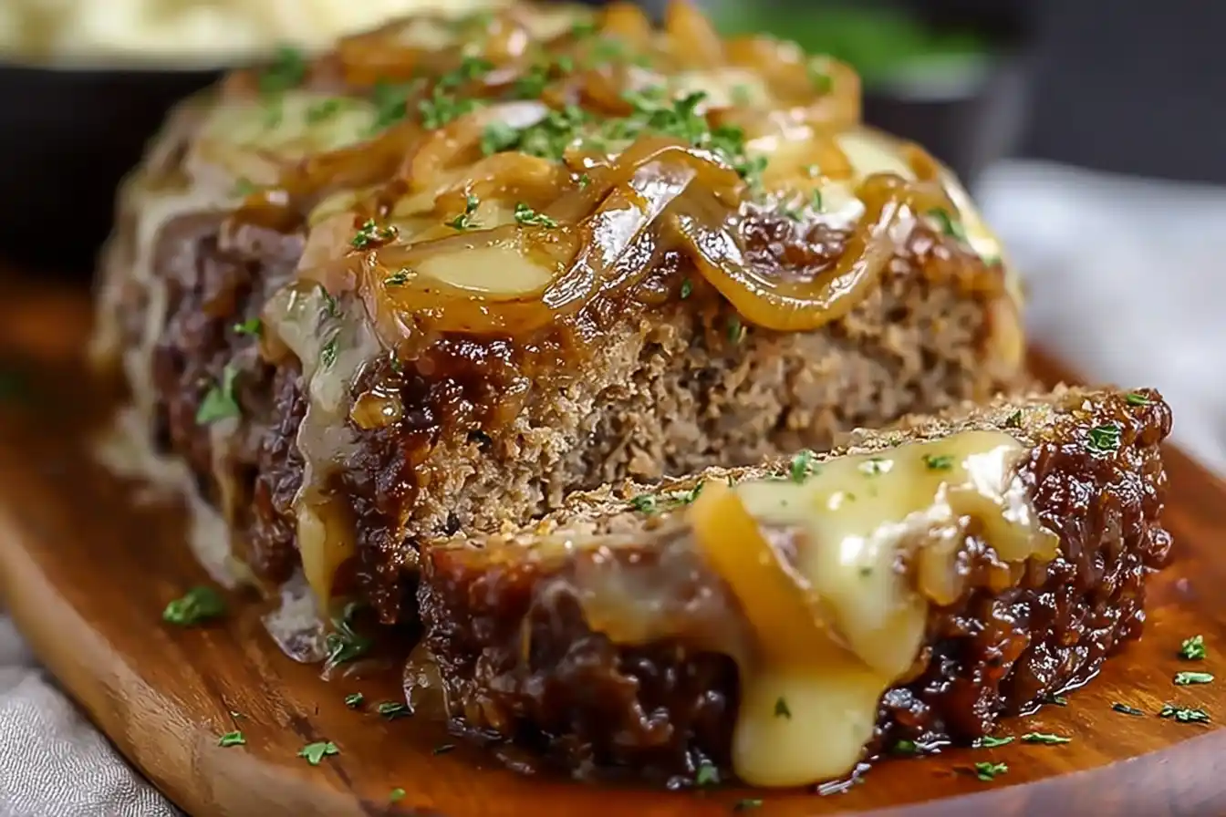 Crockpot French Onion Meatloaf with Melted Swiss Cheese