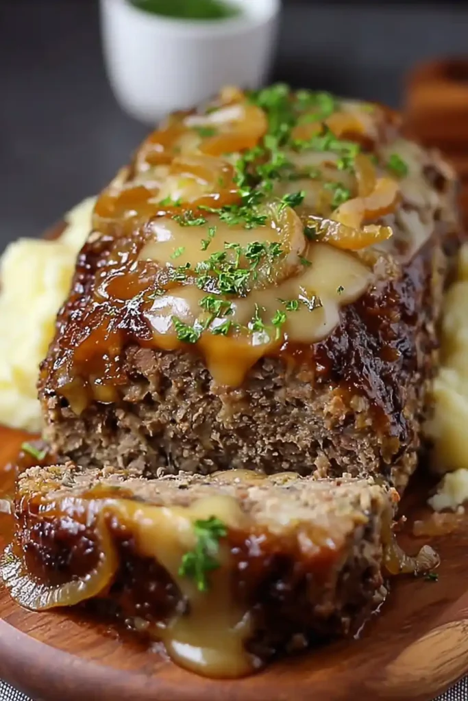 Crockpot French Onion Meatloaf with Melted Swiss Cheese