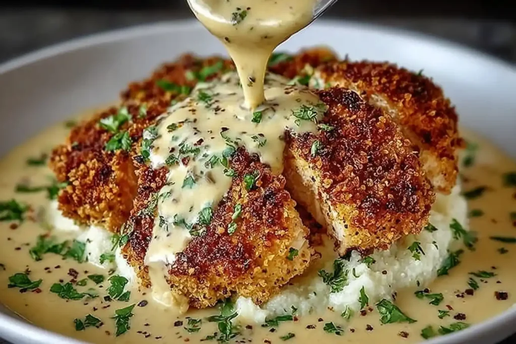 Parmesan Crusted Chicken with Creamy Garlic Sauce
