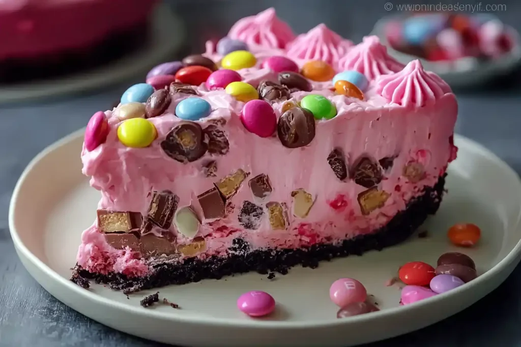 Pink M&M Snickers Cheesecake