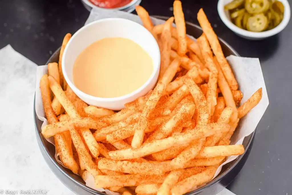 Serve nacho fries with cheese sauce.