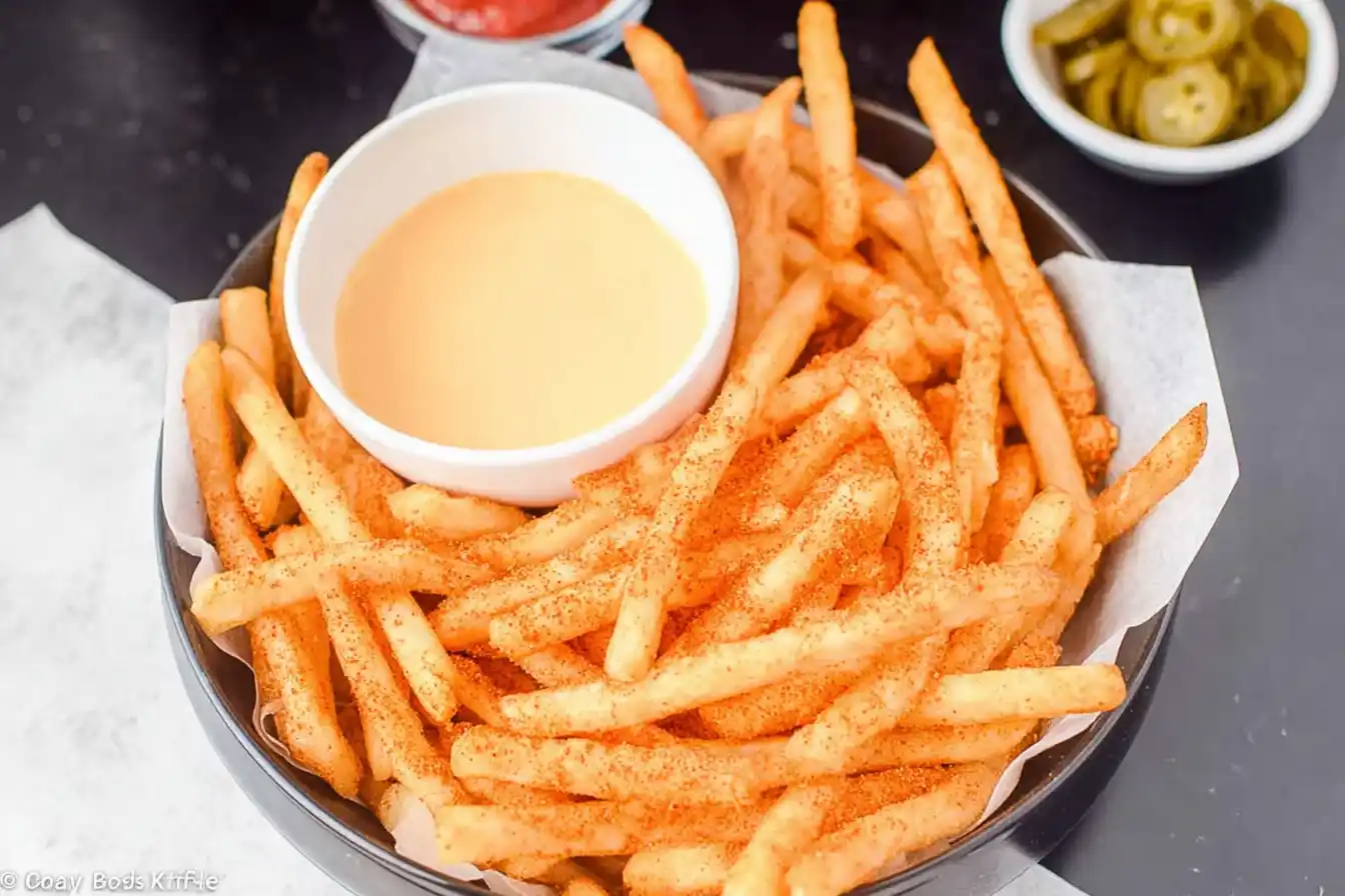 Serve nacho fries with cheese sauce.