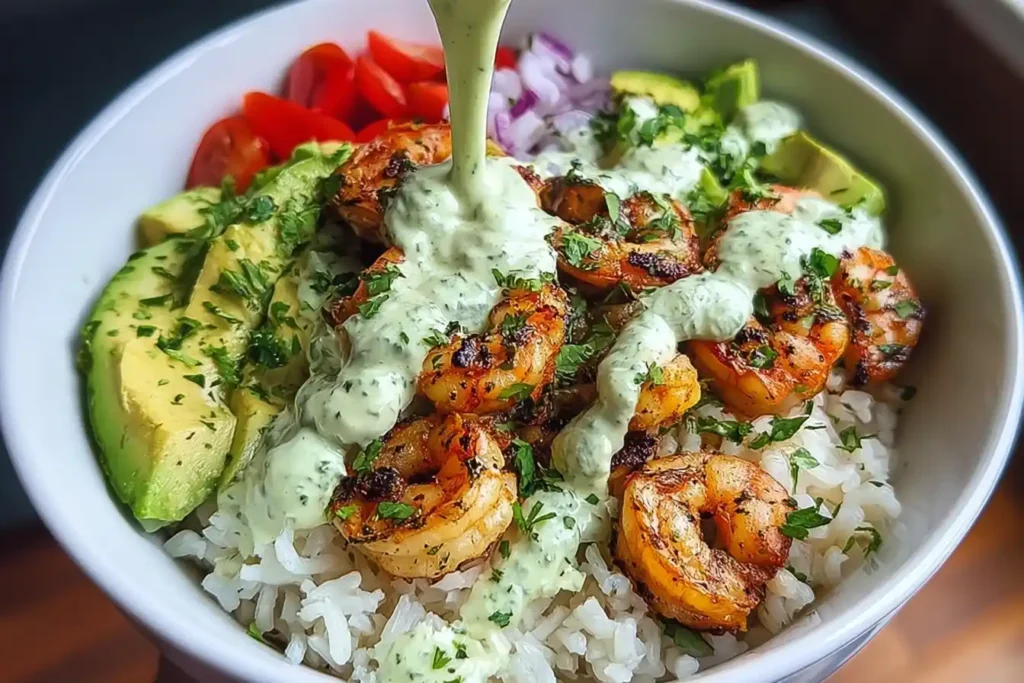 Zesty Shrimp & Avocado Rice Bowls with Cilantro Lime Sauce