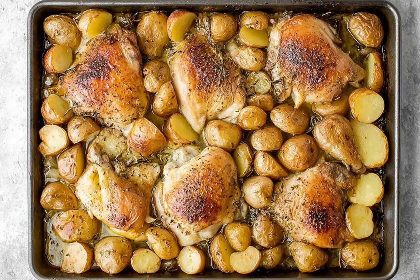 One Pan Garlic Roasted Chicken and Baby Potatoes