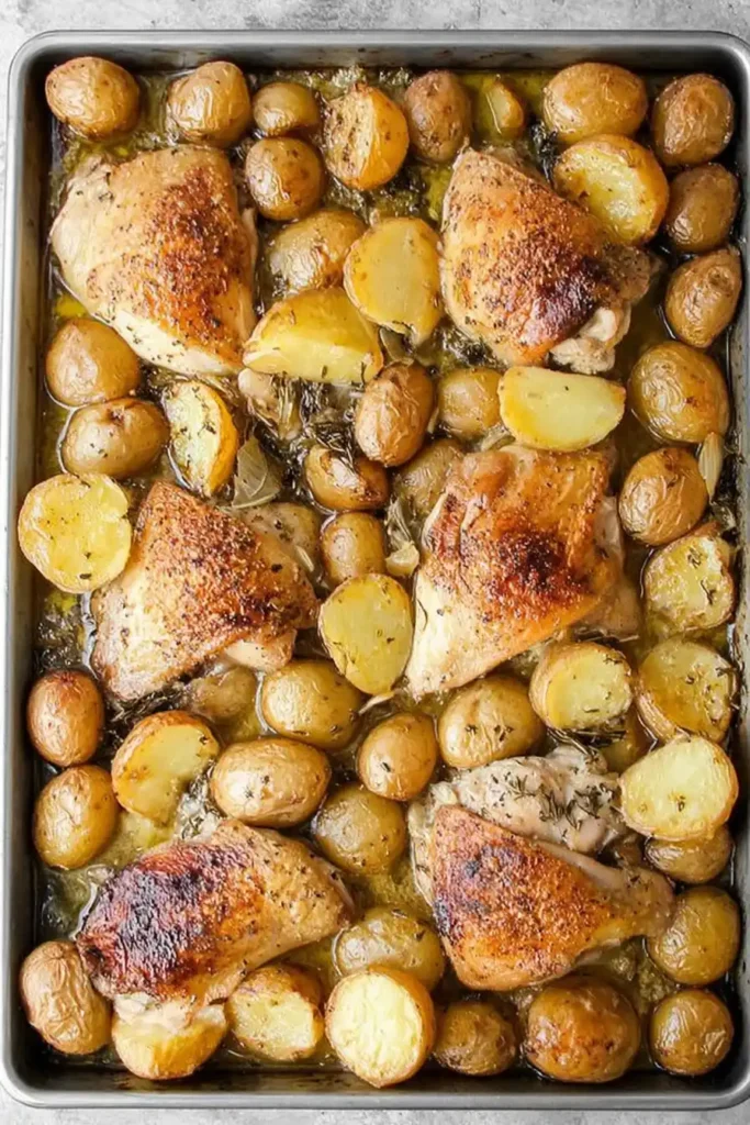 One Pan Garlic Roasted Chicken and Baby Potatoes