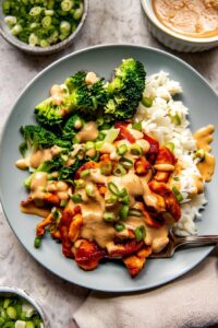 Red Curry Chicken Stir Fry with Spicy Cashew Sauce
